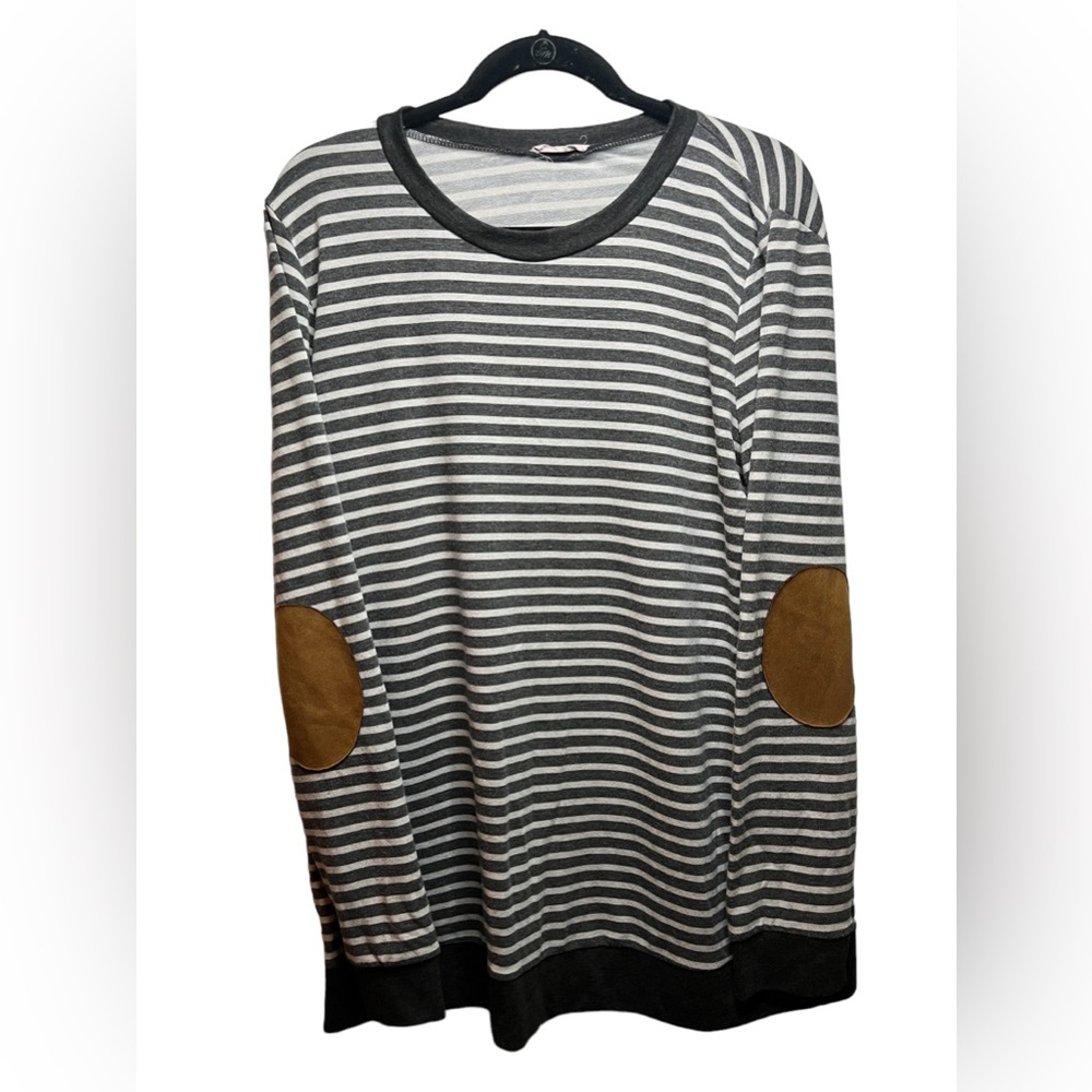 Chic Soul Long Sleeve Grey Striped top With Camel Elbow Pads